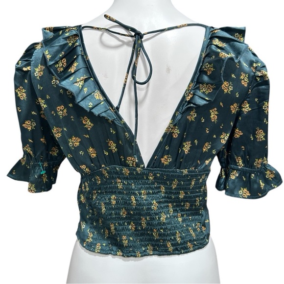 Free People Isabella Silky Floral Blouse in Jewel Forest Ruffle Detail - Picture 8 of 11